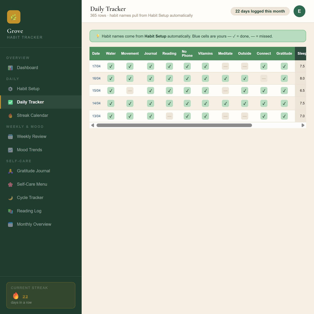 Habit Tracker Spreadsheet | Daily Mood, Gratitude, Cycle Planner (Google Sheets/Excel)