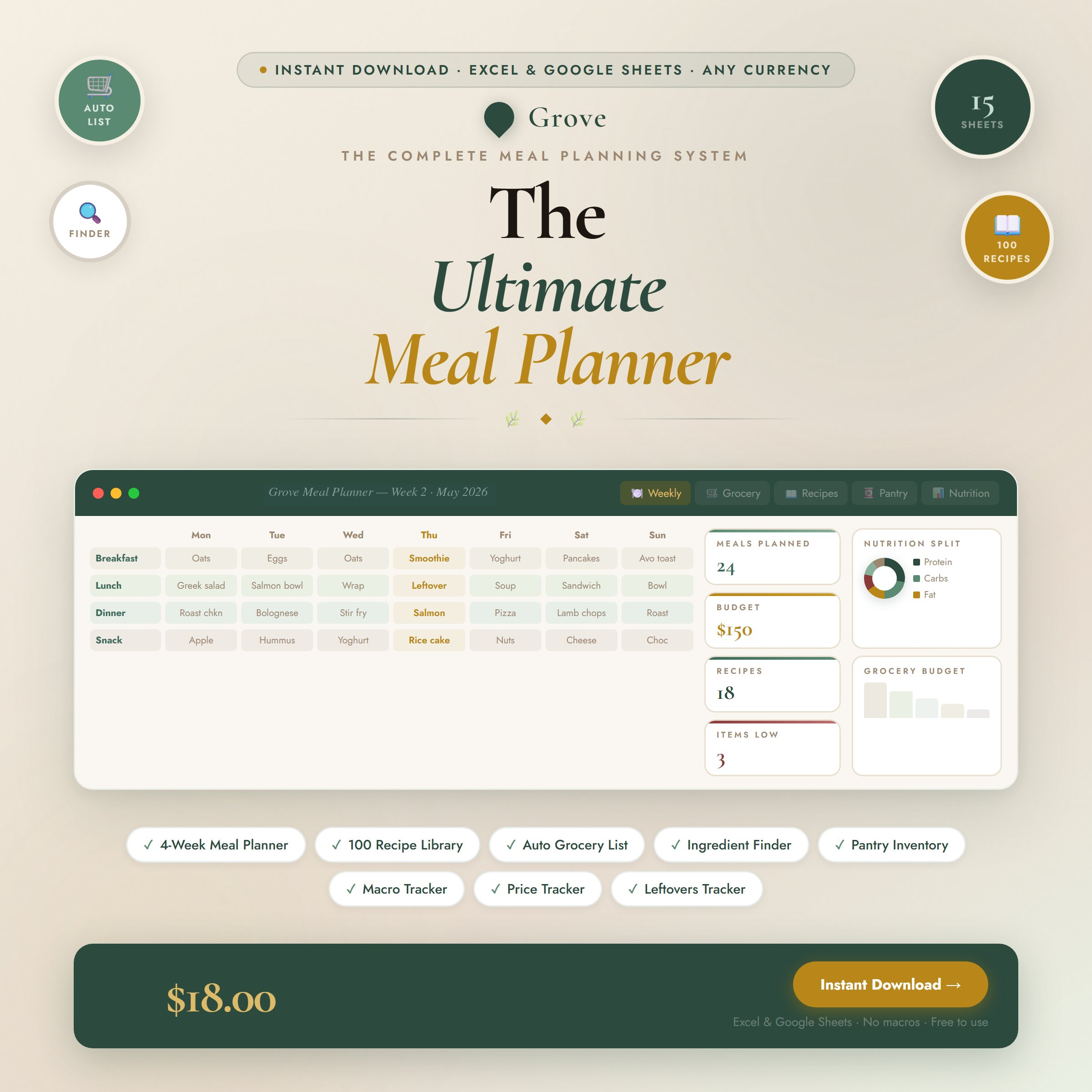 Meal Planner Spreadsheet Excel Google Sheets | Recipe Tracker | Nutrition Tracker | Instant Download